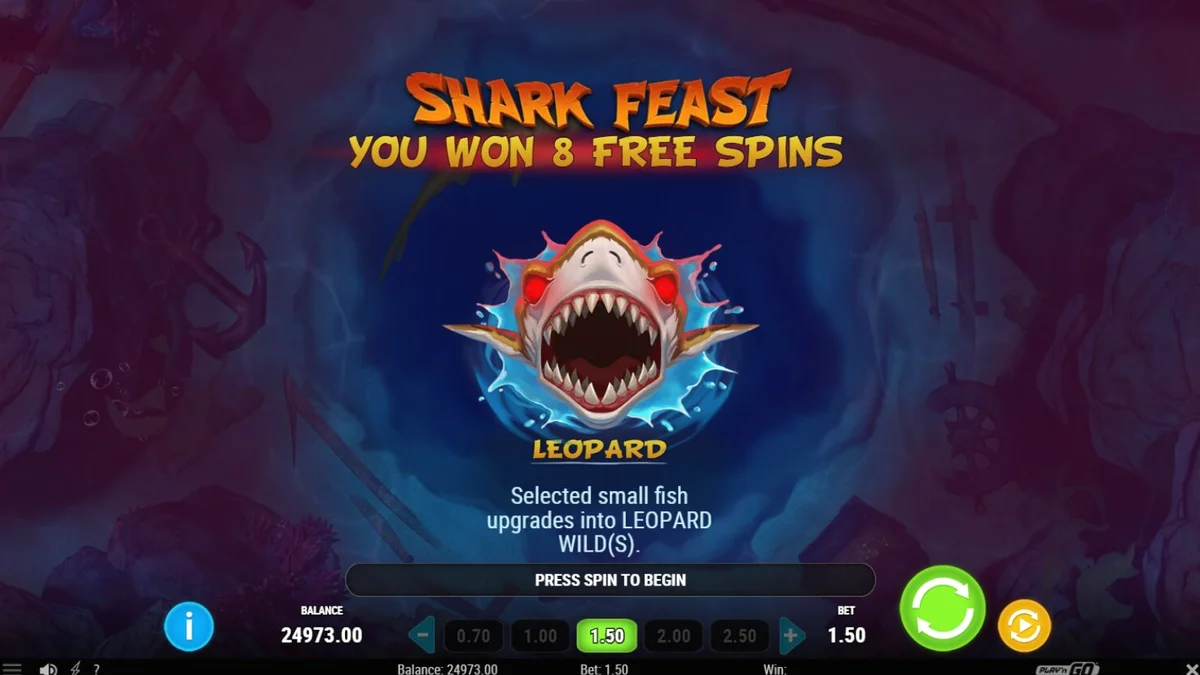 Tampilan layar utama slot Megadon Triple Threat dengan latar belakang laut dalam yang gelap dan tiga hiu predator.